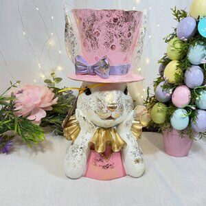 Jolie Fleur Pink/White/Gold Speckled Easter Bunny Bust Top Hat Spring Decor